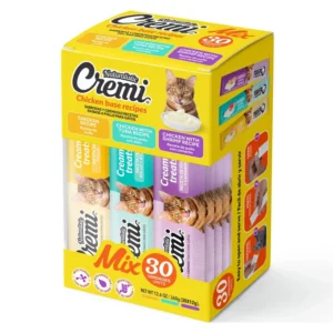 Caja amarilla de Naturalistic Cremi Box Chicken base recipes Mix 30 unidades de 12g, snacks cremosos para gatos libres de granos con pollo, atún y camarón.