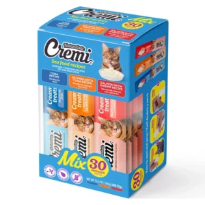 Caja azul de Naturalistic Cremi Box Sea Food recipes Mix 30 unidades de 12g, snacks cremosos para gatos de sabores marinos libres de granos con taurina y té verde.