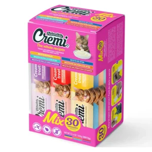 Caja rosada de Naturalistic Cremi Box The Whole Recipes Mix 30 unidades, variedad de 6 sabores de pollo y mar para gatos, libre de granos con taurina.